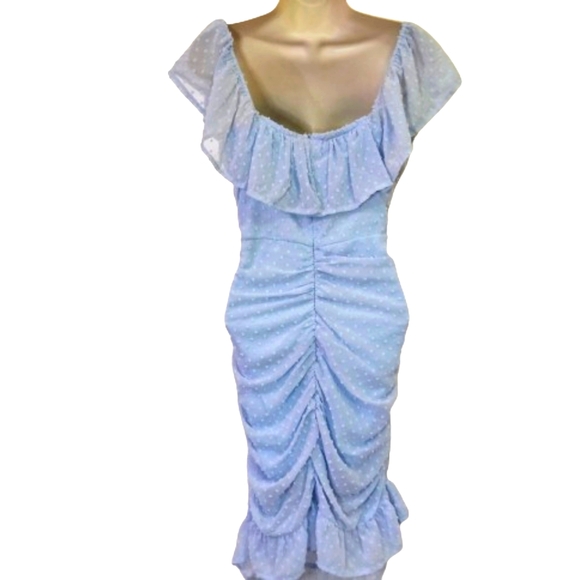 Eilly Bazar Light Blue Raised Dot On/Off Shoulder Ruffle Ruched Dress,Large - Picture 3 of 16